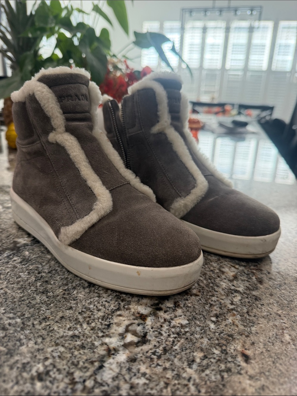 Prada Women's Suede High-Top Sneakers with Shearling Trim - Grey